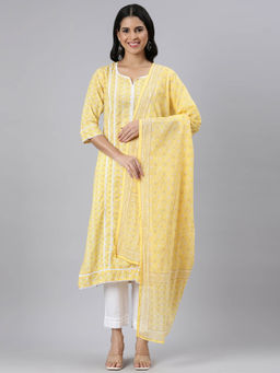 NEERU'S - Yellow Regular Straight Floral Kurta and Trousers with Dupatta (Set of 3)