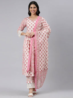 NEERU'S - Pink Pleated Straight Floral Kurta and Trousers with Dupatta (Set of 3)