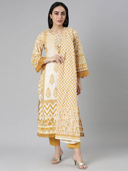 NEERU'S - Mustard Regular Straight Printed Kurta and Trousers with Dupatta (Set of 3)