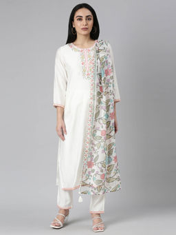 NEERU'S - White Regular Straight Solid Kurta and Trousers with Dupatta (Set of 3)