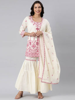 NEERU'S - Pink Panelled Straight Yoke Design Kurti and Sharara with Dupatta (Set of 3)