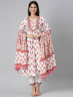 NEERU'S - Pink Panelled Straight Kurta and Trousers with Dupatta (Set of 3)