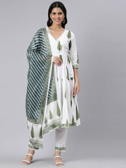 NEERU'S - Green Angrakha Curved Printed Kurta and Trousers with Dupatta (Set of 3)