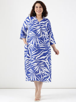 THE PINK MOON - Women Blue Cobalt Leaf Printed Dress