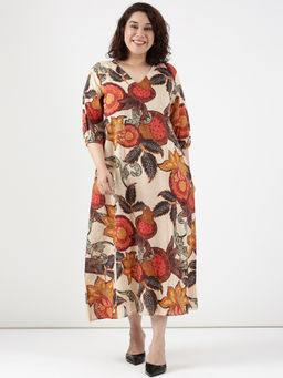 THE PINK MOON - Women Beige Floral Printed Midi Dress