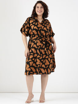 THE PINK MOON - Women Brown Printed Shirt Dress with Belt (Set of 2)