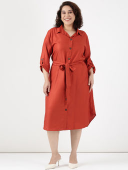 THE PINK MOON - Women Rust Solid Shirt Dress with Belt (Set of 2)