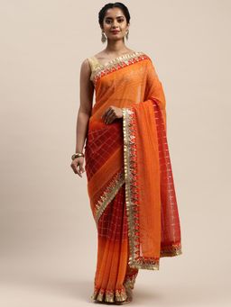 Vastranand - Orange & Maroon Poly Georgette Printed Bandhani Saree with Unstitched Blouse