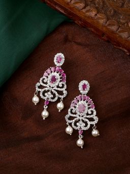 Estele - Rhodium Plated Cz Tiara Earrings With Pearl And Ruby Crystals For Women