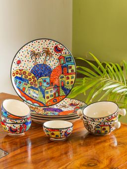 ExclusiveLane - Handpainted Ceramic Dinner Plates With Katoris & Serving Bowls Serving For 4)