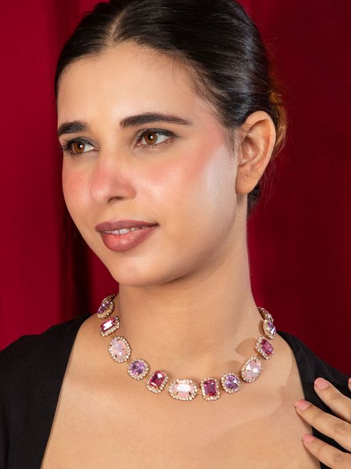 Niscka Gold Plated Pink Stone and White Cz Necklace