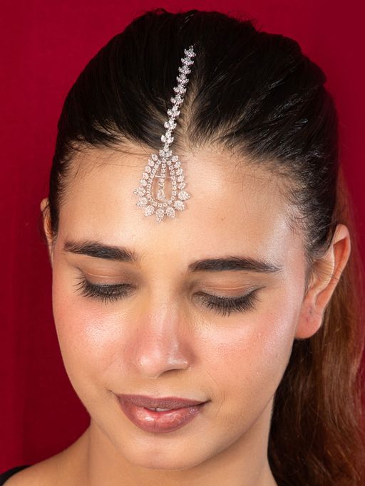 Niscka Rhodium Plated White American Diamond Maang Tika