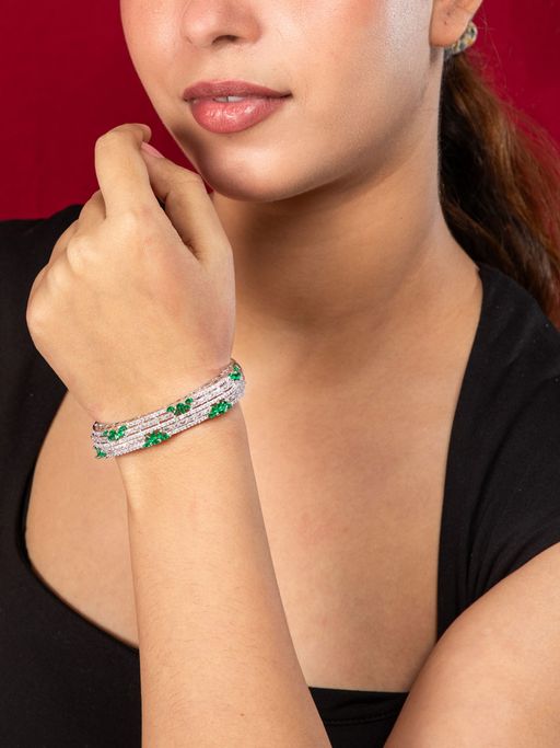 Niscka Rhodium Plated White and Green American Diamond Floral Bracelet