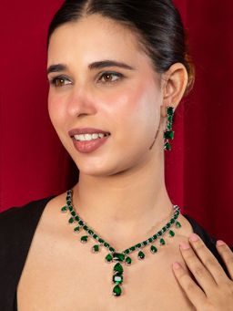 Niscka - Rhodium Plated Green American Diamond Necklace