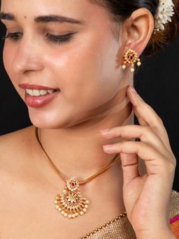 Niscka - 24K Gold Plated Antique Red, White and Green Stones and Faux Pearls Necklace Set