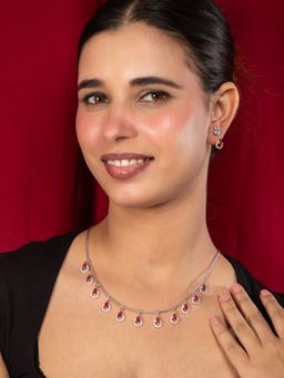 Niscka - Rhodium Plated White and Pink Water-Drop American Diamond Necklace Earrings Set