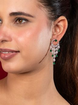 Niscka - Rhodium Plated Green and White American Diamond Dangler Earrings