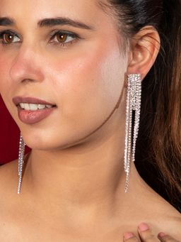 Niscka - Rhodium Plated White American Diamond Waterfall Multilayer Earrings