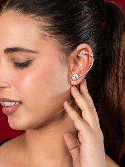 Niscka - Gold Plated Long C-Shaped American Diamond Floral Earrings