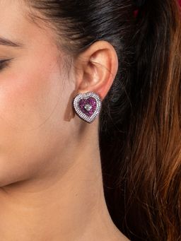 Niscka - Rhodium Plated Black Heart Shaped White and Pink American Diamond Earrings