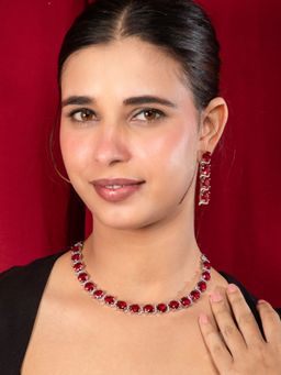 Niscka - Rhodium Plated Red American Diamond Necklace and Long Earrings Set