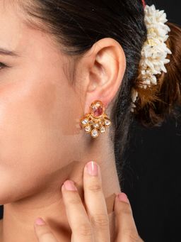 Niscka - Matte Gold Plated Traditional Pink Stone American Diamond Earrings