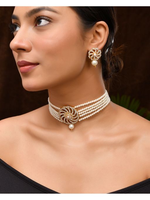 VOJ Gold Plated Stone and Pearl Studded Traditional Choker Set