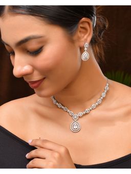 VOJ - Silver Plated Ad Stone Studded Elegant Necklace and Earrings Set
