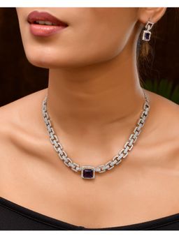 VOJ - Silver Plated Geometrical Shaped Cz Stone Studded Jewellery Set