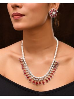 VOJ - Silver Plated Cz and Pearl Studded Handcrafted Necklace with Earrings Set