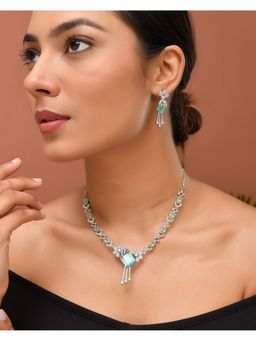 VOJ - Silver Plated Cz Stone Studded Designer Necklace with Earrings Set