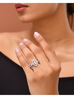VOJ - Silver-Plated Cubic Zirconia Studded Adjustable Finger Ring