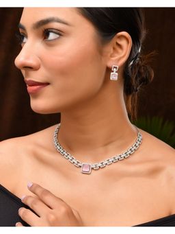 VOJ - Silver Plated Ad-Stone Studded Square Shaped Jewellery Set