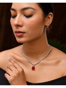 VOJ - Silver Plated Red Stone Studded Necklace Set