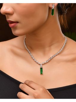 VOJ - Silver Plated Green Stone Studded Necklace Set