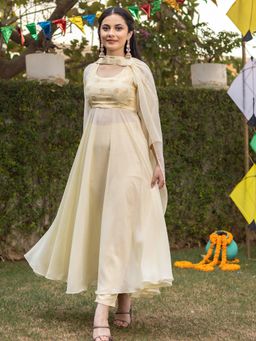 Lavanya The Label - Lemon Yellow Mukaish Anarkali (Set of 3)