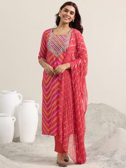 Libas - Women Coral Embroidered Kurta with Pant and Dupatta (Set of 3)