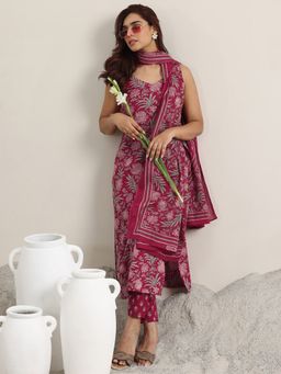 Libas - Women Maroon Floral Kurta with Pant and Dupatta (Set of 3)