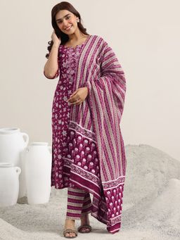 Libas - Women Burgundy Floral Kurta with Pant and Dupatta (Set of 3)