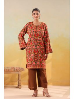 Zamour - Brown Pure Cotton Floral Embroidered Kurta and Pant
