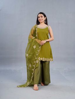 Colorkosh - Green Rayon Chikankari Embroidered Stylish Kurta with Palazzo and Dupatta
