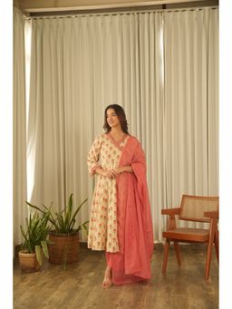 ONEWE INDIA - Beige Floral Angrakha Screen Print Angarkha Kurta with Pant and Dupatta