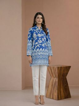 M MARCH LABEL - Navy Blue Schiffli Floral Embroidered Short Kurta with Pant