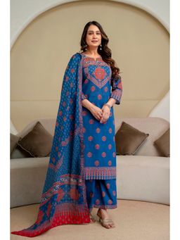 BERRYLICIOUS - Blue Pure Cotton Hand Embroidered Kurta with Palazzo and Dupatta