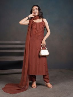 Colorkosh - Coffee Brown Rayon Embroidered Kurta with Pant and Dupatta