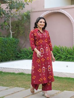 BERRYLICIOUS - Maroon Ethnic Motif Printed Shirt Style Co-Ord Set
