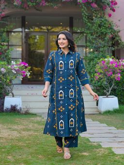 BERRYLICIOUS - Teal Ethnic Motif Printed Shirt Style Co-Ord Set