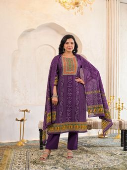 BERRYLICIOUS - Purple Mirror Embroidered and Bandhani Printed Kurta with Pant and Dupatta