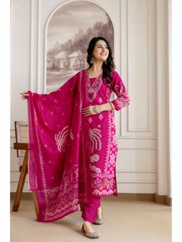 BERRYLICIOUS - Pink Pure Cotton Mirror Embroidered and Printed Kurta with Pant and Dupatta