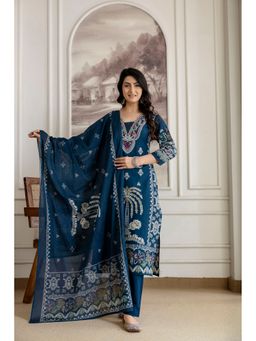 BERRYLICIOUS - Teal Pure Cotton Mirror Embroidered and Printed Kurta with Pant and Dupatta